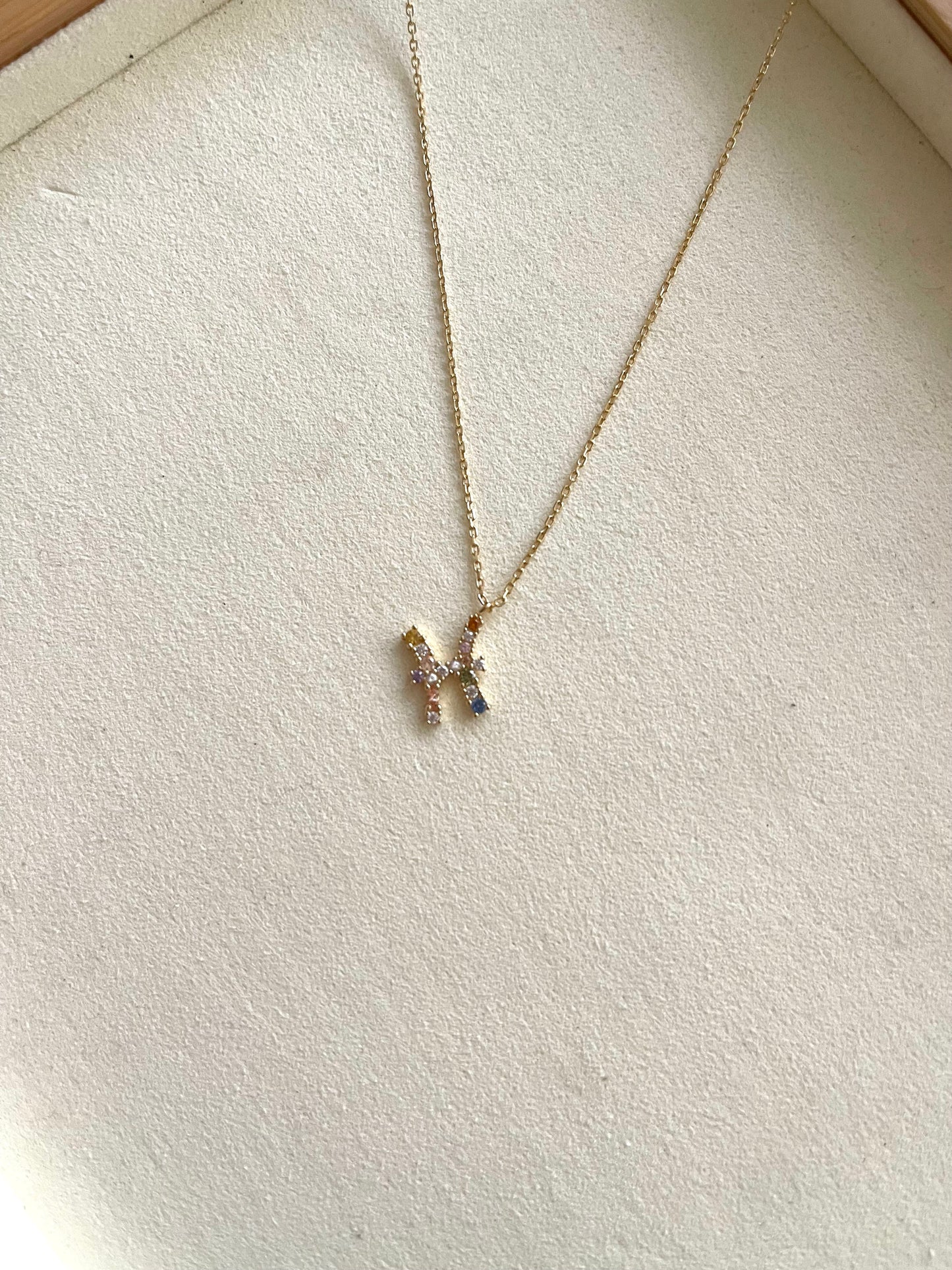 Zodiac Sign Necklace with Colorful Crystals - Pisces - 18K Gold