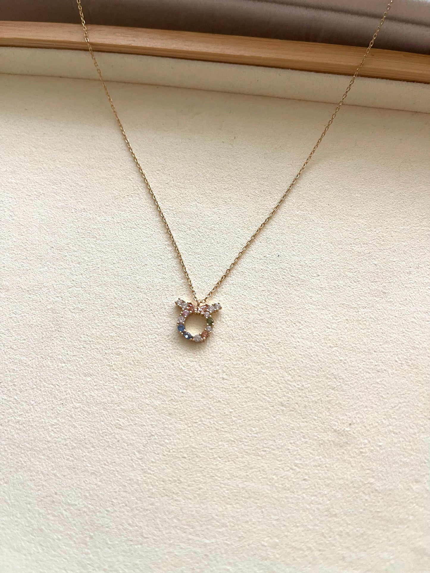 Zodiac Sign Necklace with Colorful Crystals - Taurus - 18K Gold