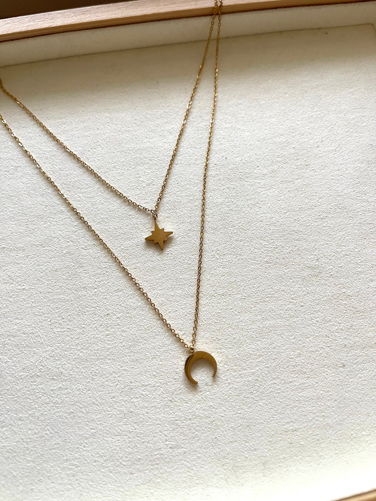 Star and Moon Double Layered Necklace - Gold