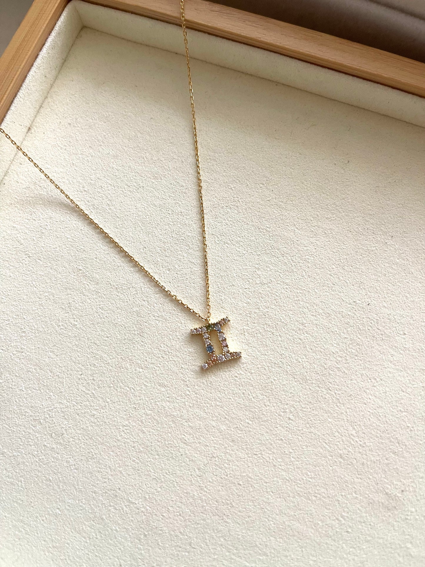 Zodiac Sign Necklace with Colorful Crystals - Gemini - 18K Gold