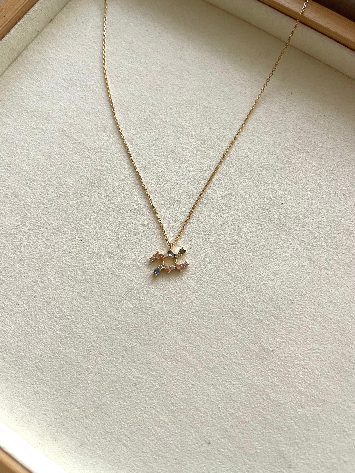 Zodiac Sign Necklace with Colorful Crystals - Aquarius - 18K Gold
