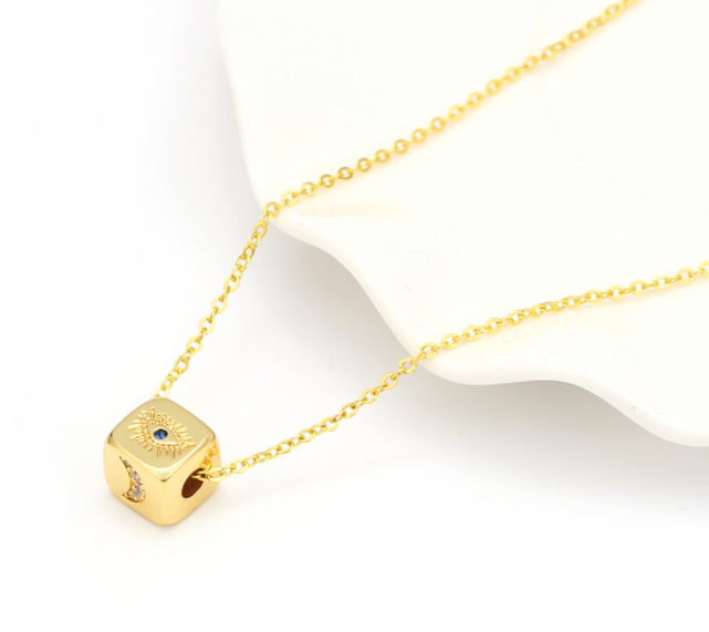 Moon, Eye, Hamsa, Planet Cube Necklace - Gold