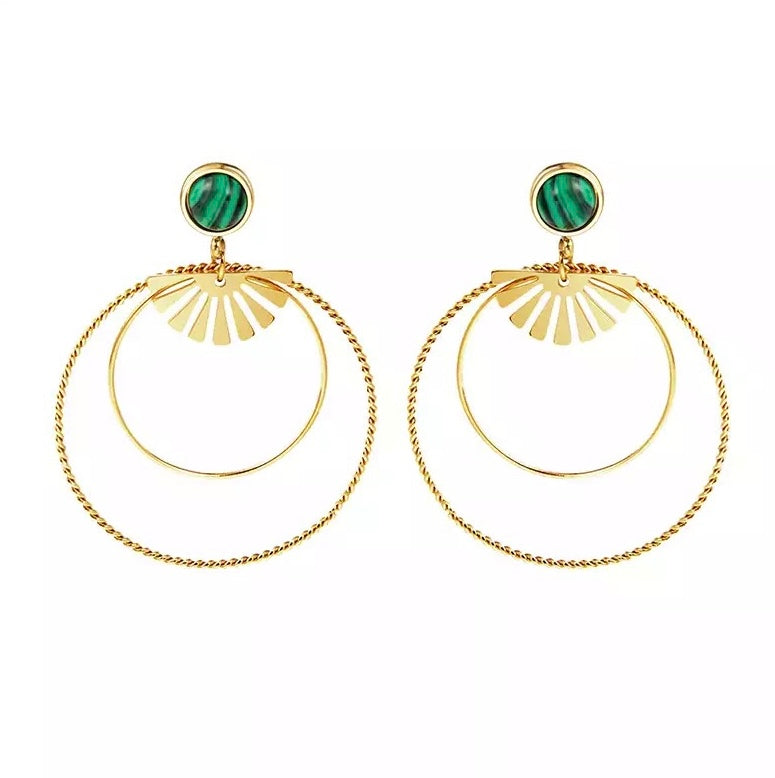 Boho Hoop Earrings with Green Stone in Gold - Stainless Steel