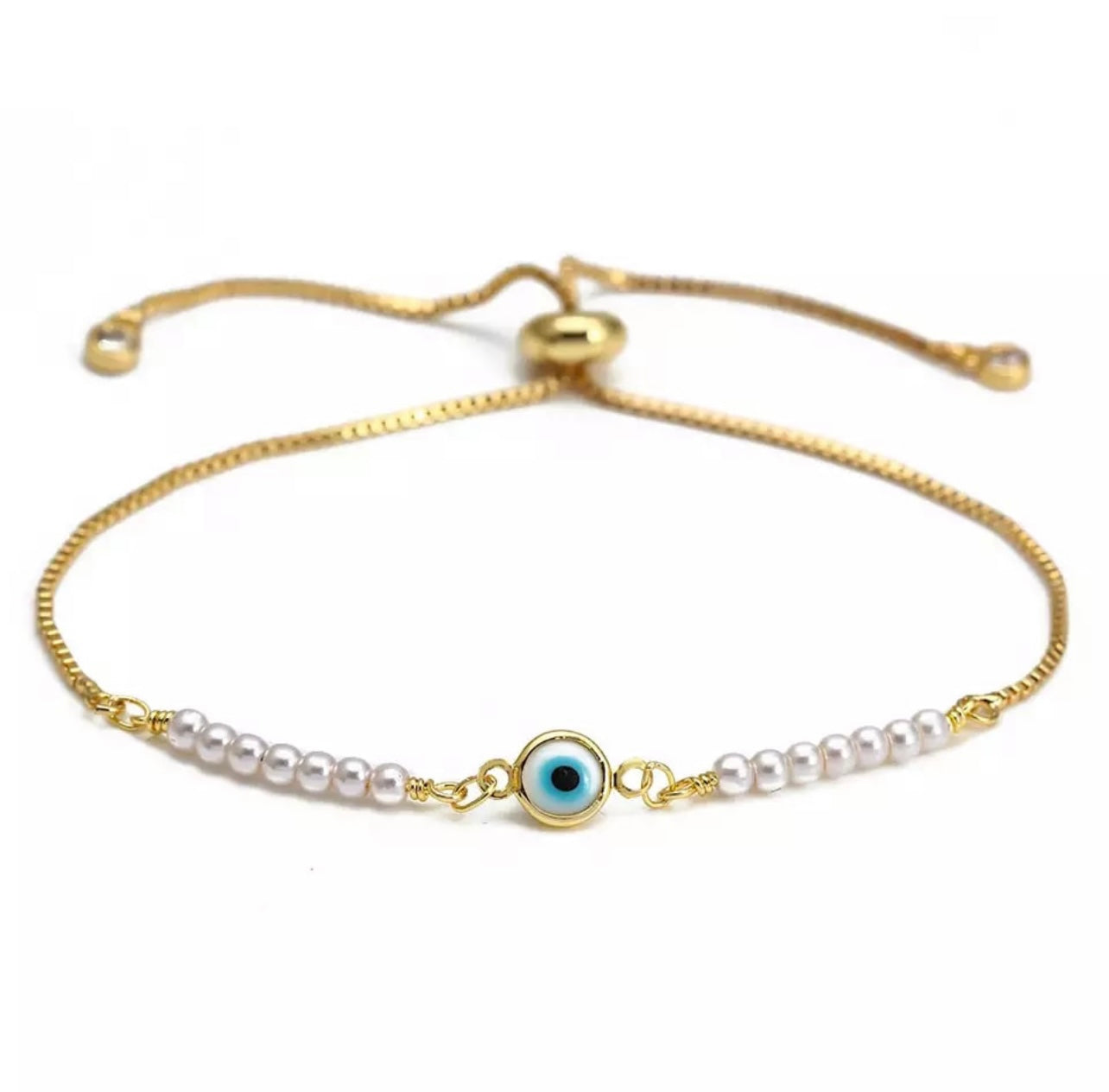 White Evil Eye Protection Slider Bracelet - Gold