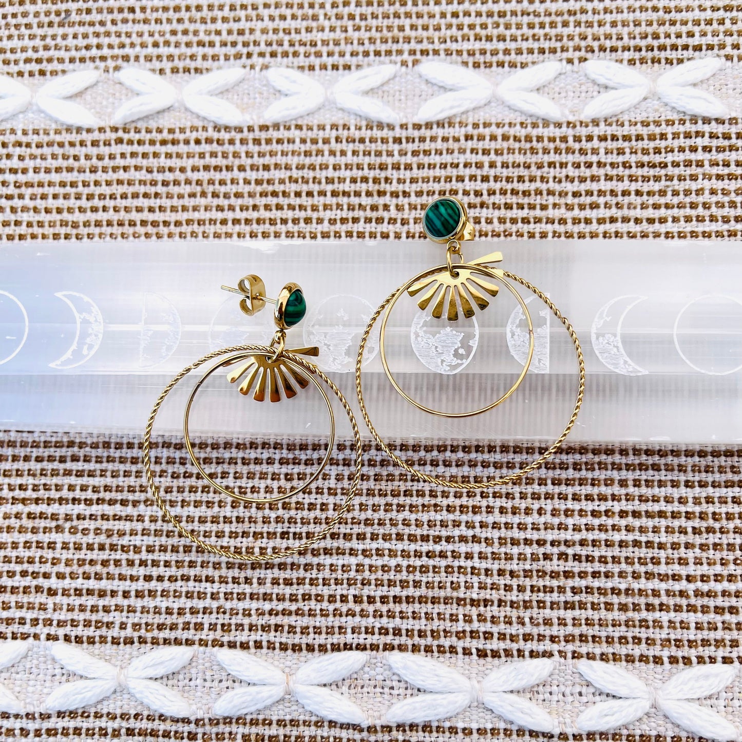 Boho Hoop Earrings with Green Stone in Gold - Stainless Steel