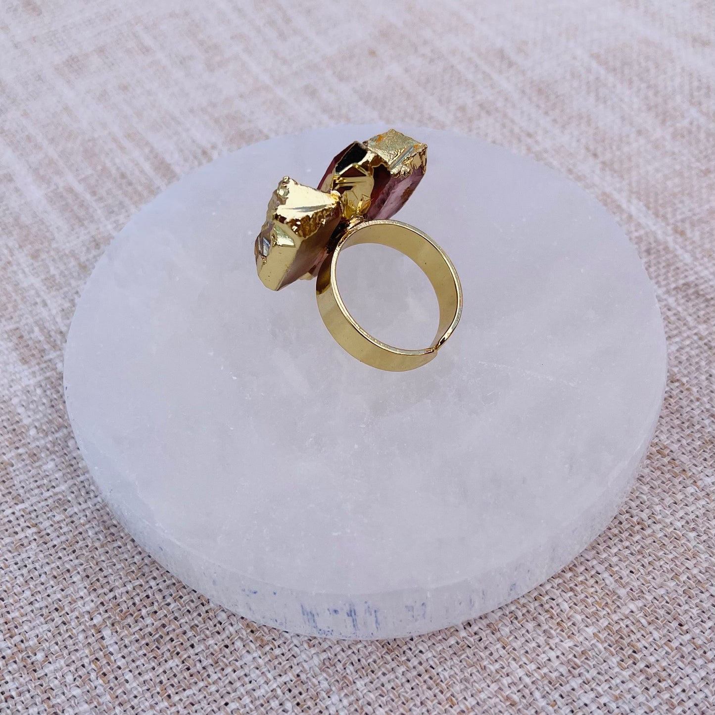 Watermelon Tourmaline Crystal Ring - Adjustable - Gold