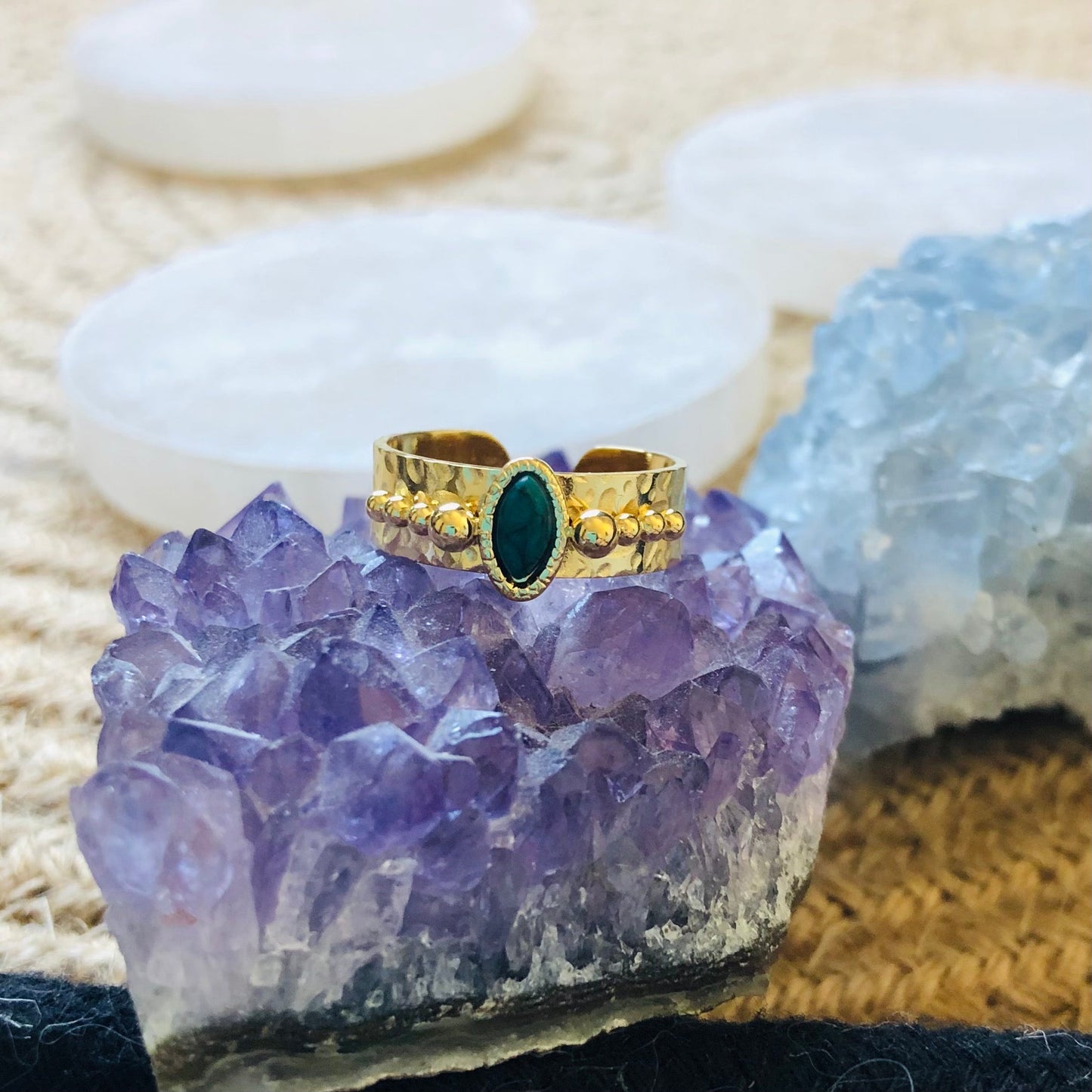 Adjustable Green Natural Stone Boho Ring - Gold