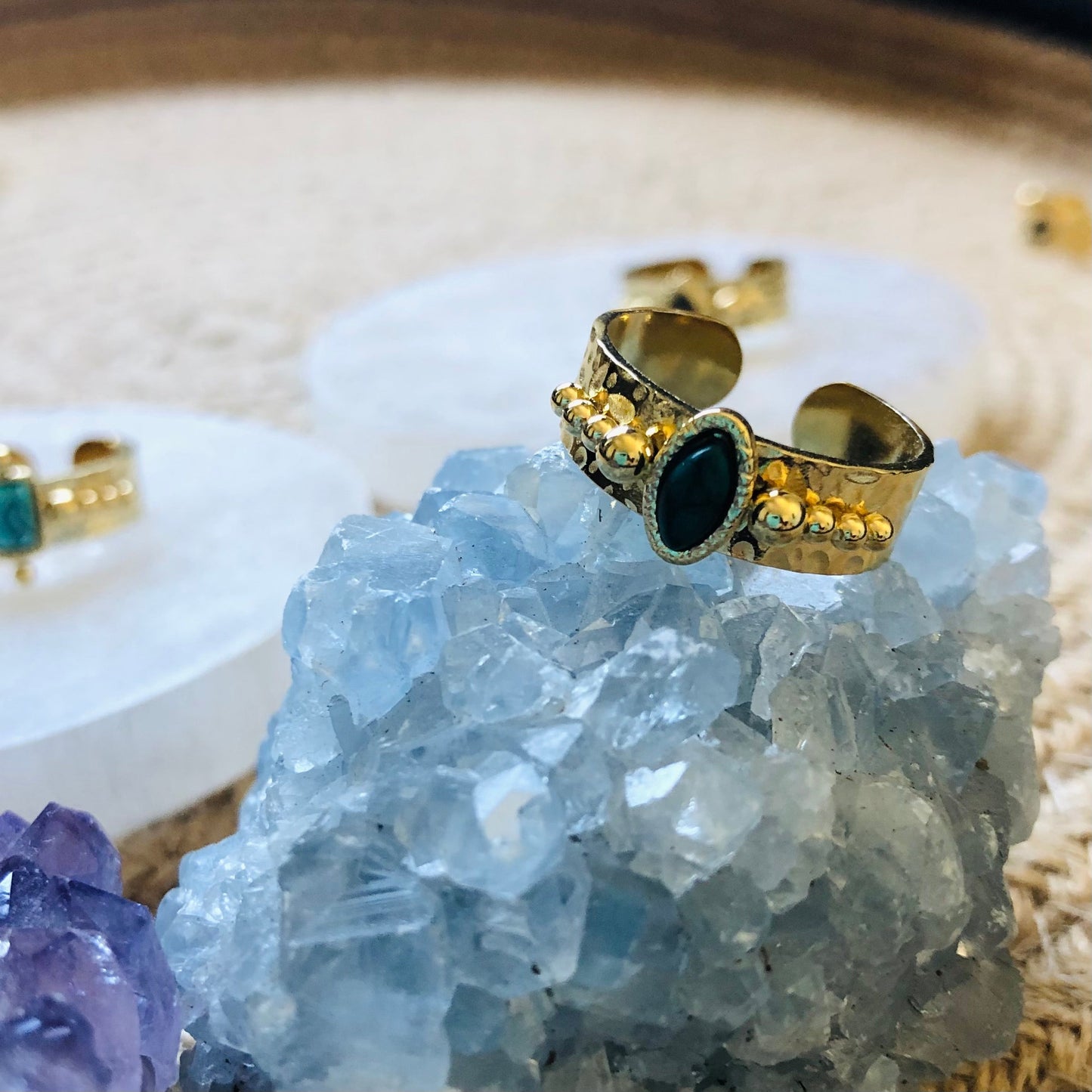 Adjustable Green Natural Stone Boho Ring - Gold