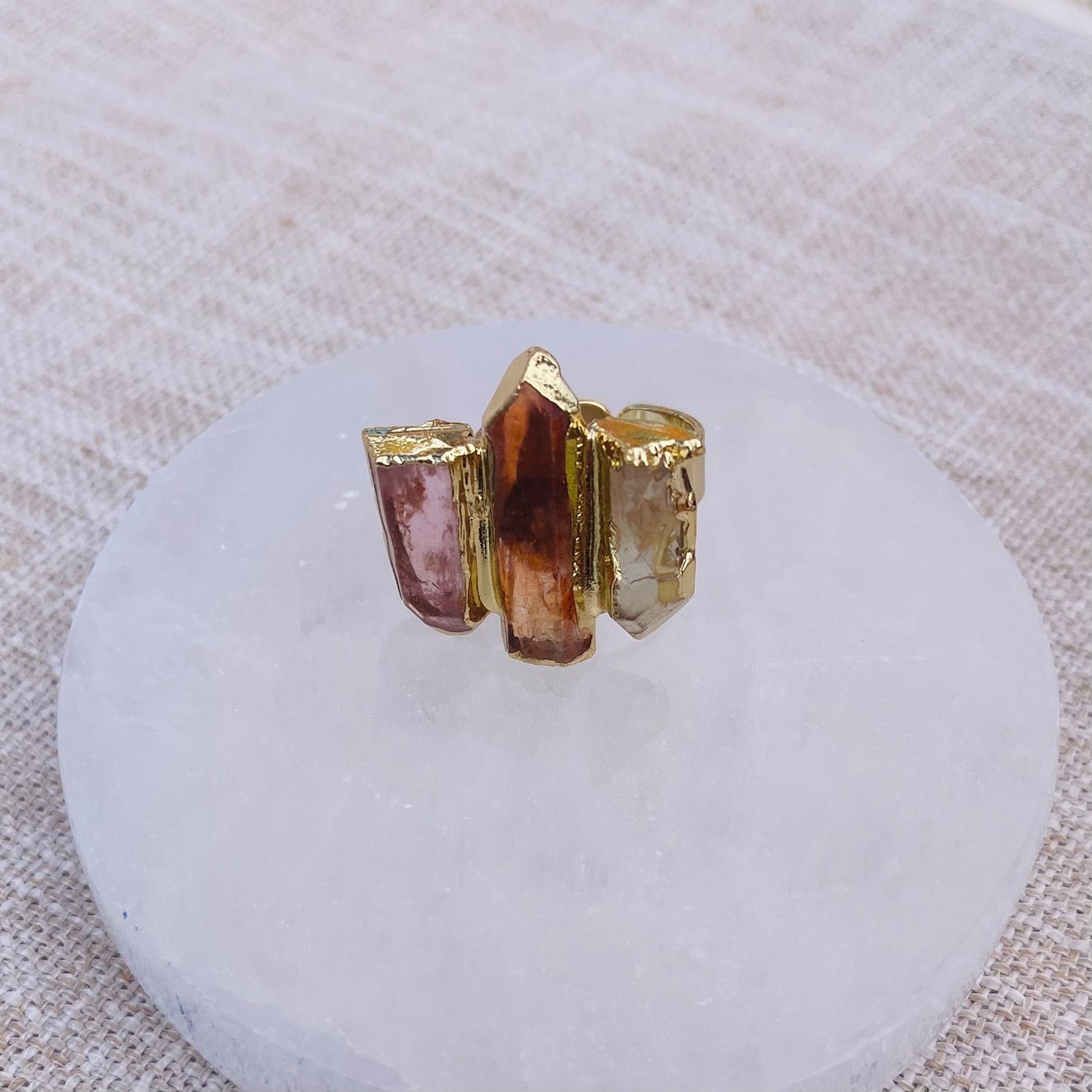 Watermelon Tourmaline Crystal Ring - Adjustable - Gold