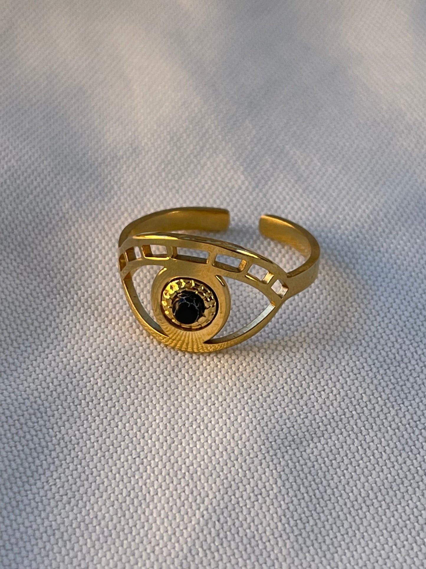 Black Marble Evil Eye Adjustable Gold Ring