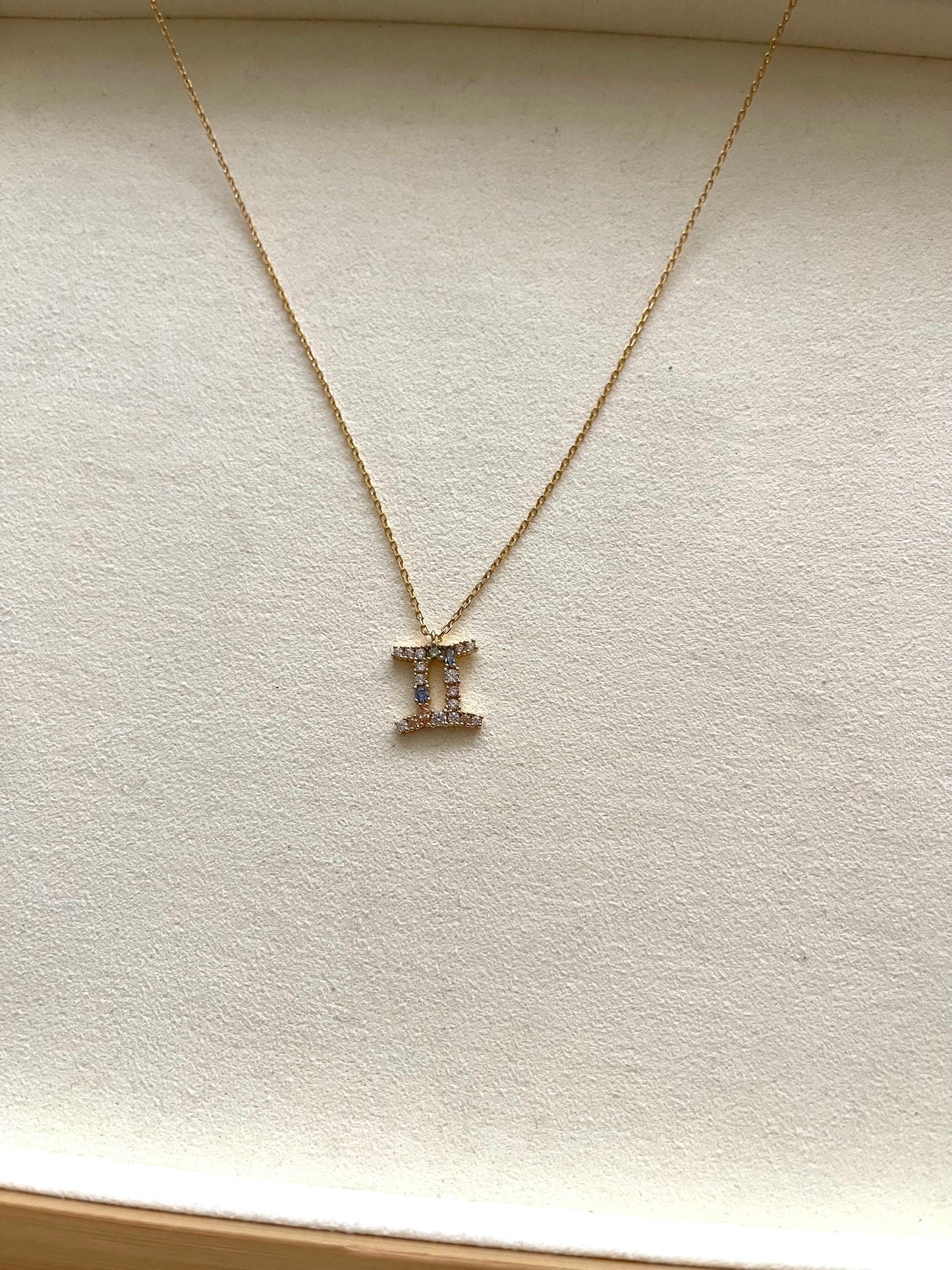 Zodiac Sign Necklace with Colorful Crystals - Gemini - 18K Gold