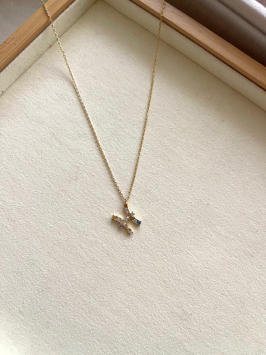 Zodiac Sign Necklace with Colorful Crystals - Pisces - 18K Gold