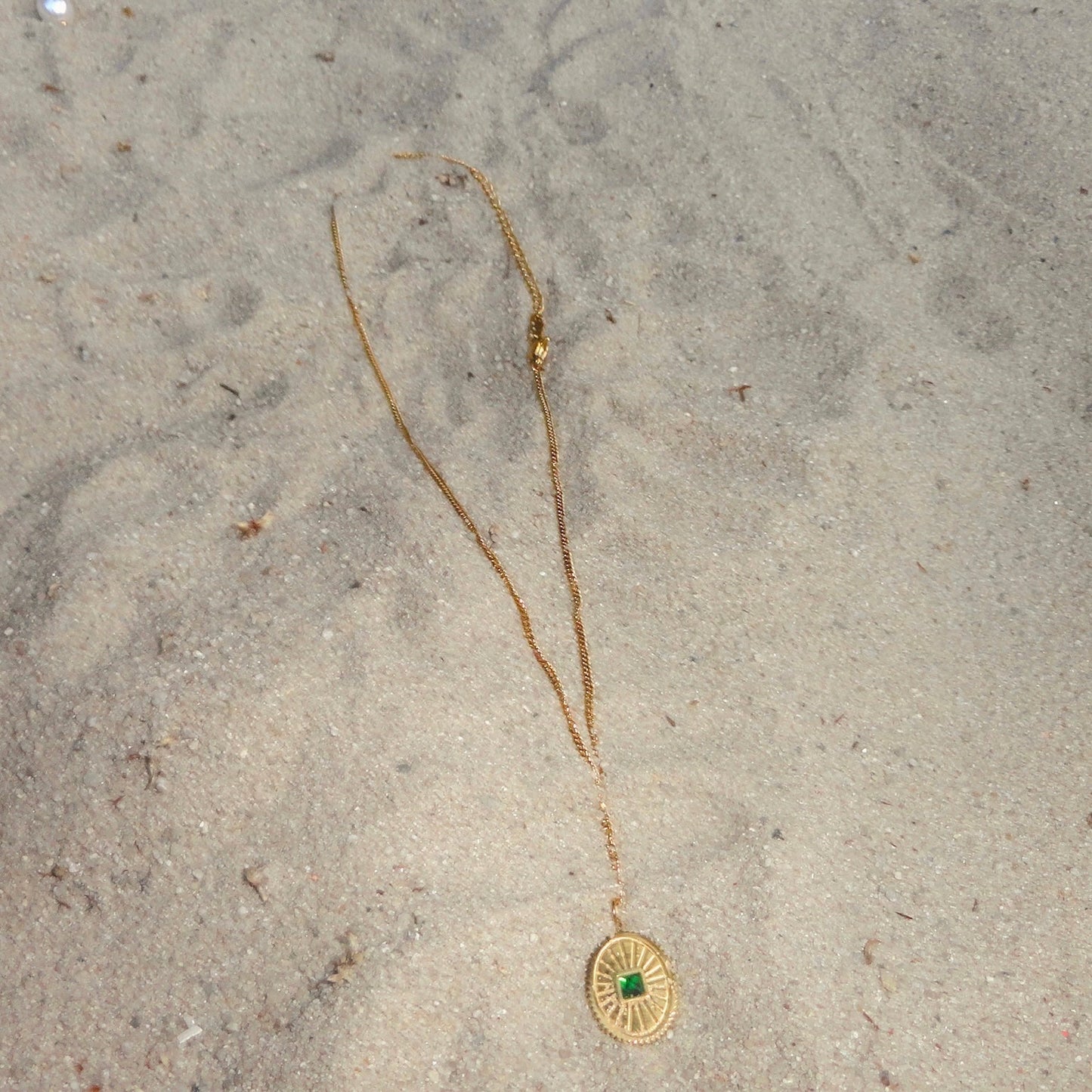 Medallion Necklace with Green Crystal - Gold