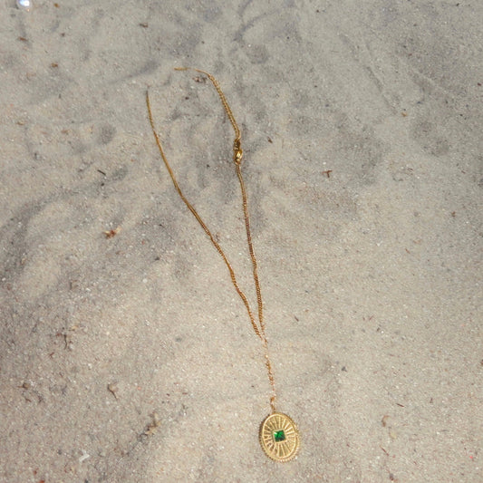 Medallion Necklace with Green Crystal - Gold
