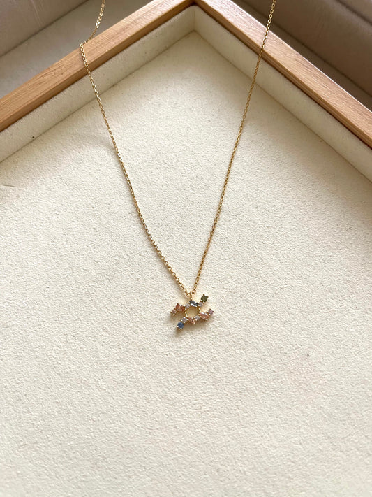 Zodiac Sign Necklace with Colorful Crystals - Aquarius - 18K Gold