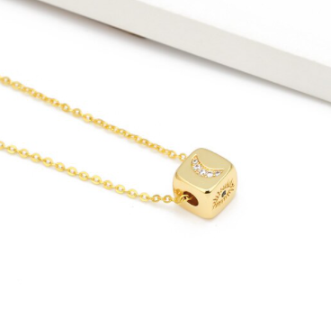 Moon, Eye, Hamsa, Planet Cube Necklace - Gold
