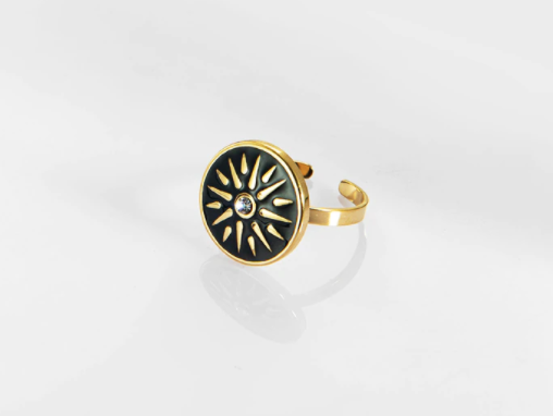 Round Ring in Black - Star - Gold