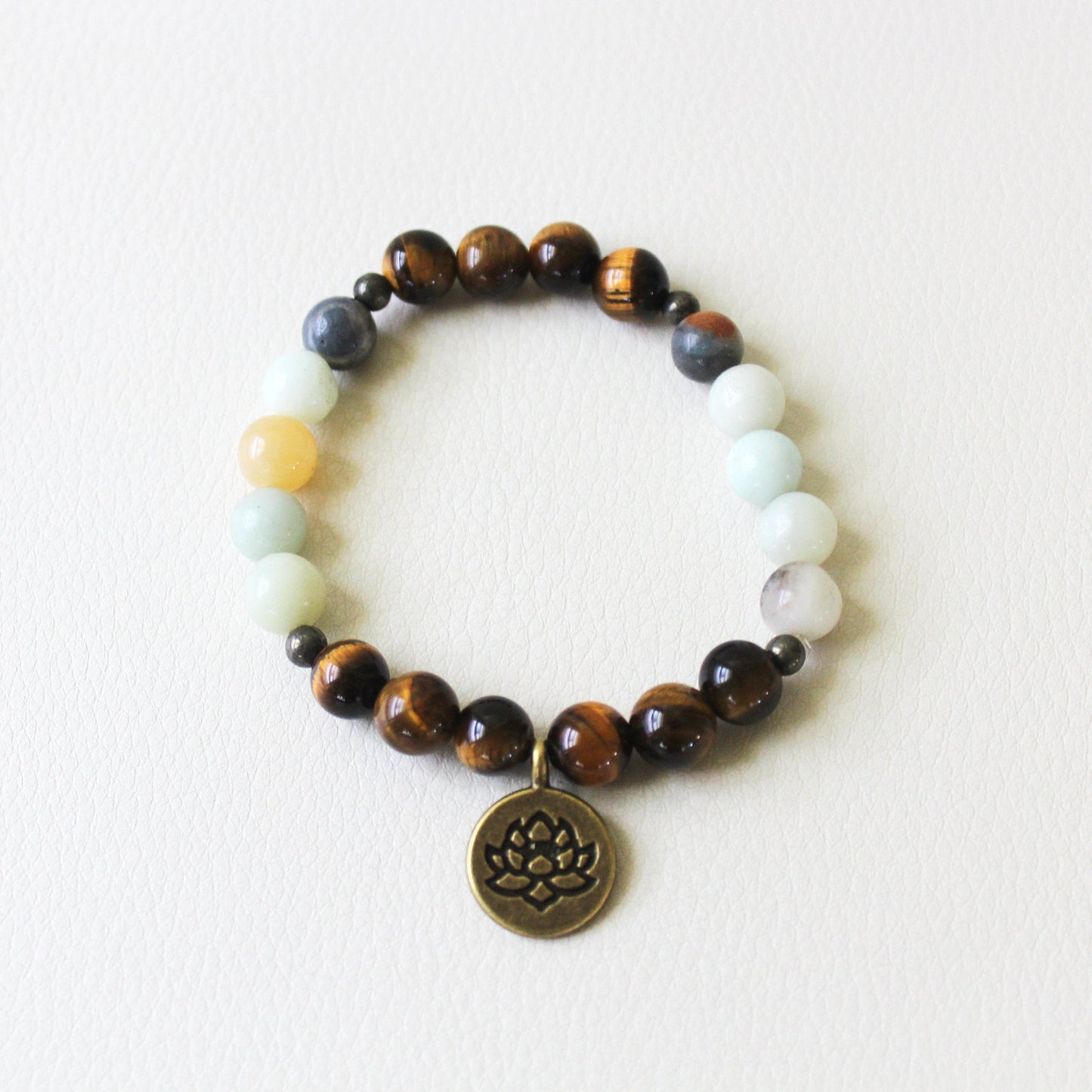Healthy Communication - Tiger Eye, Amazonite, Pyrite, Lotus - Gemstone Bracelet