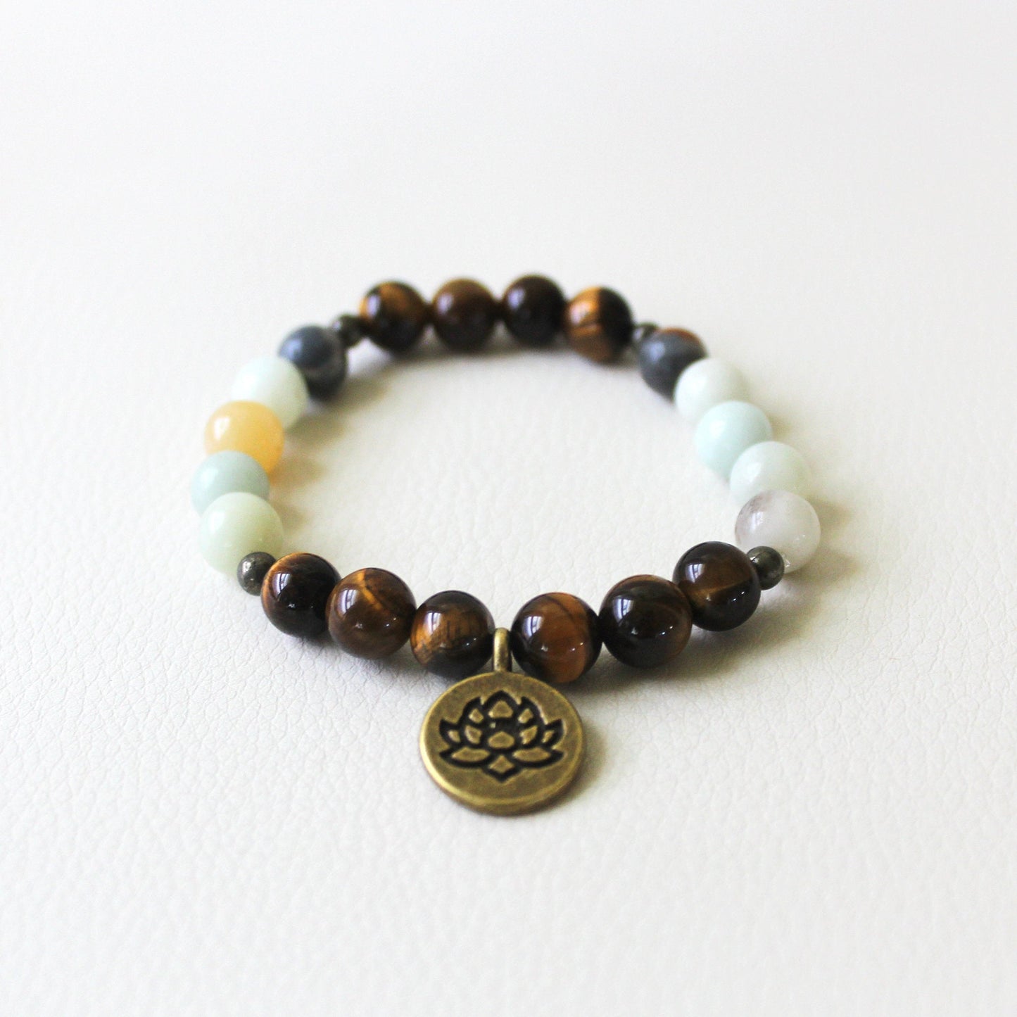 Healthy Communication - Tiger Eye, Amazonite, Pyrite, Lotus - Gemstone Bracelet