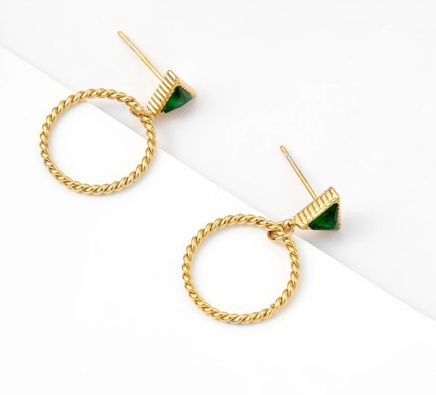Green Triangle Stud Earrings - Gold