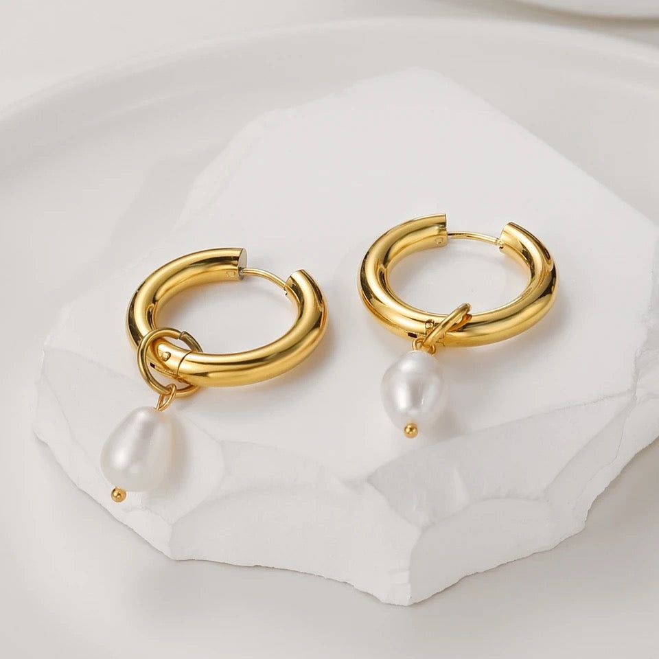 Pearl Hoop Earrings - Gold