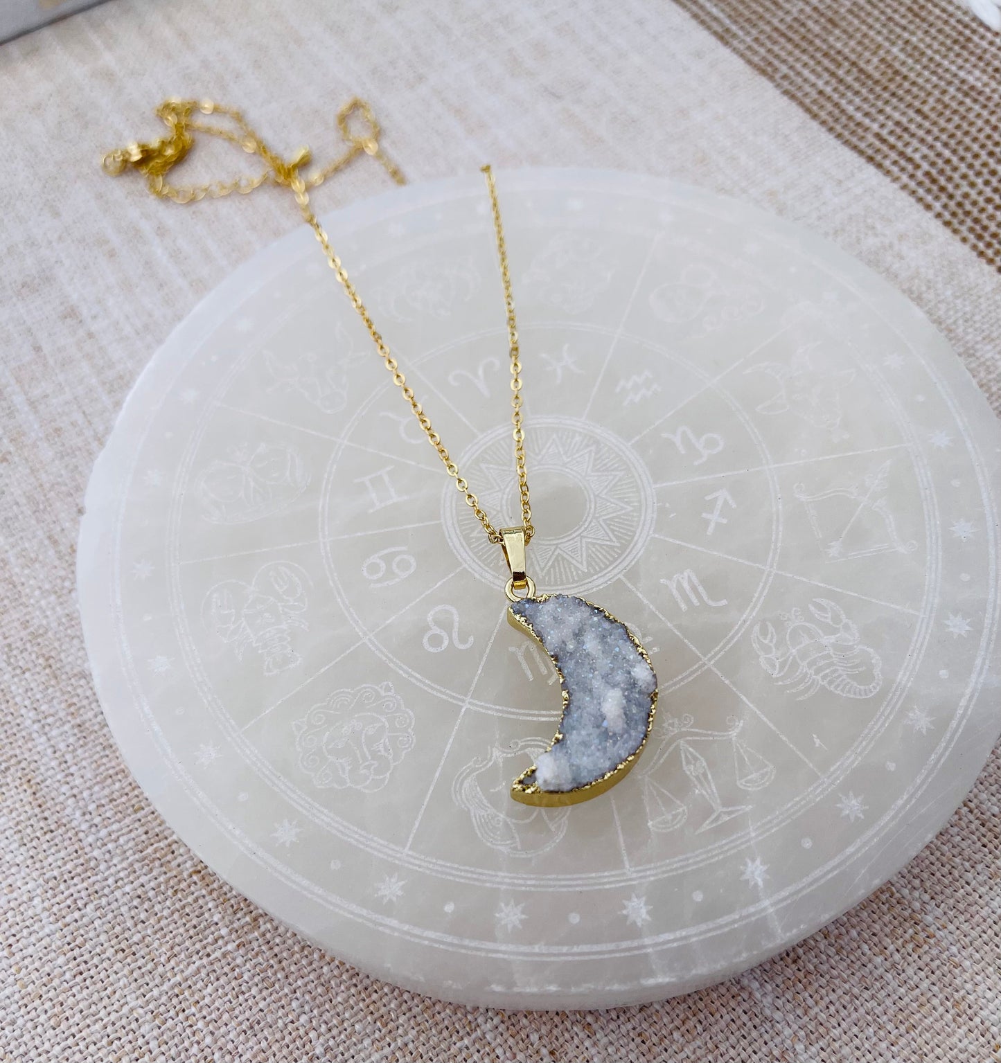 Druzy Quartz Moon Necklace - Gold