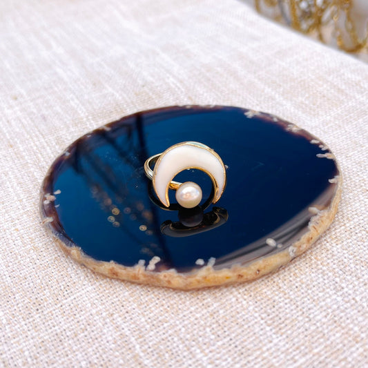 Fresh Water Pearl Moon Ring - Adjustable - Gold