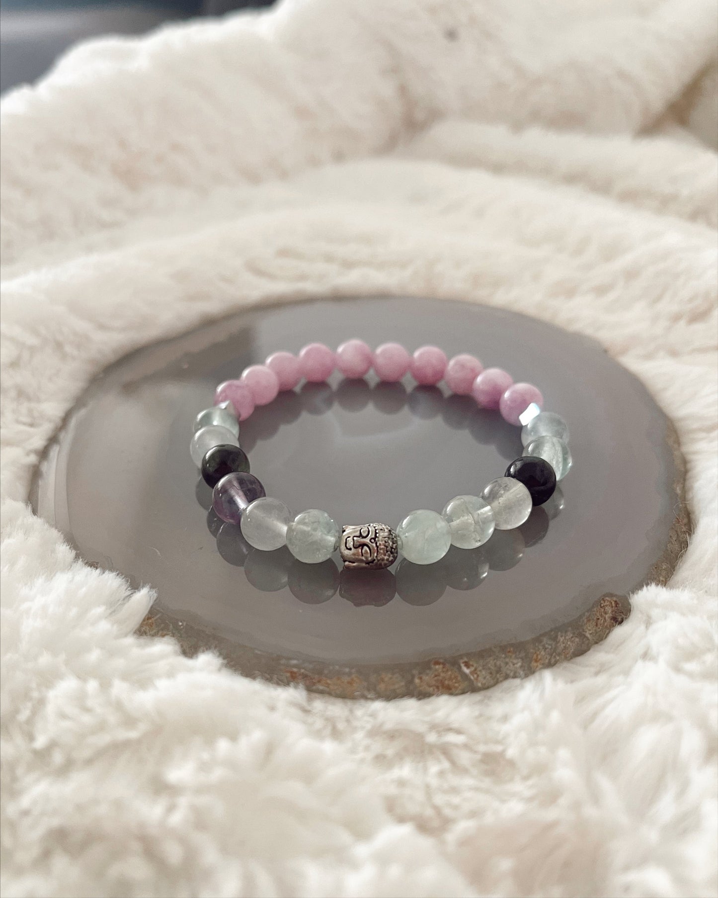 Mental Focus & Clarity  - Fluorite, Lepidolite, Hematite, Buddha - Gemstone Bracelet