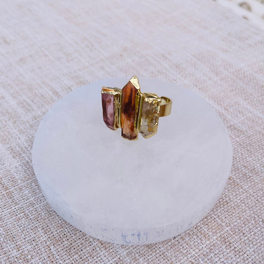 Watermelon Tourmaline Crystal Ring - Adjustable - Gold