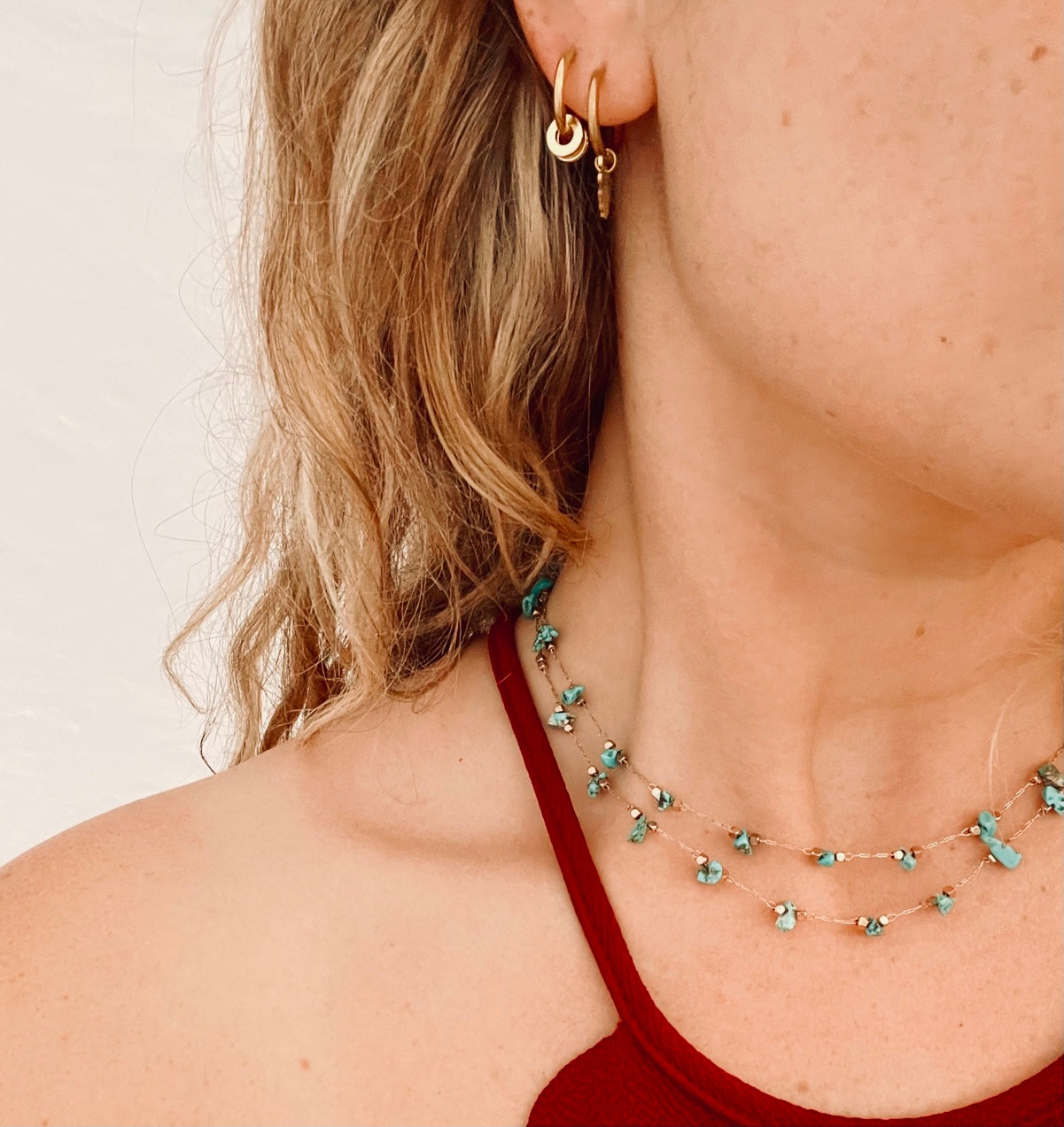 Turquoise Natural Stone Choker Necklace - Gold