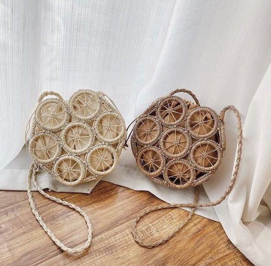 Straw Crossbody Mini Bag - Beige & Creme