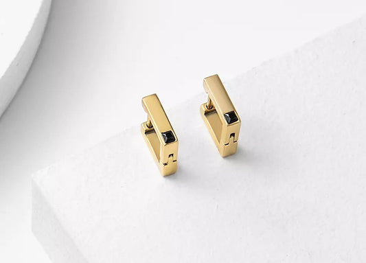 Gold Square Huggies with Black Stone - Stainless Steel