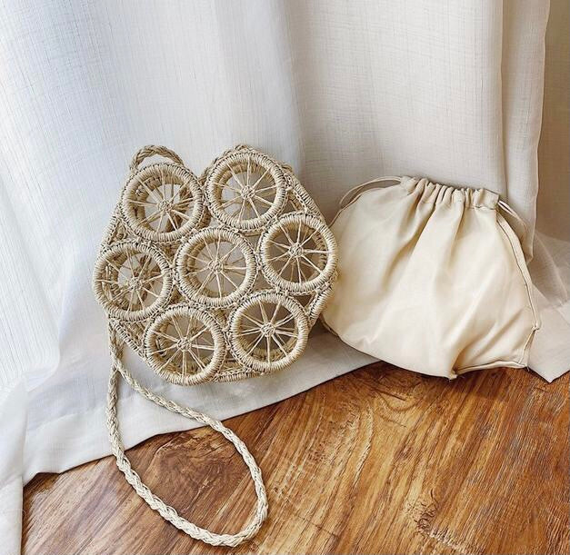 Straw Crossbody Mini Bag - Beige & Creme