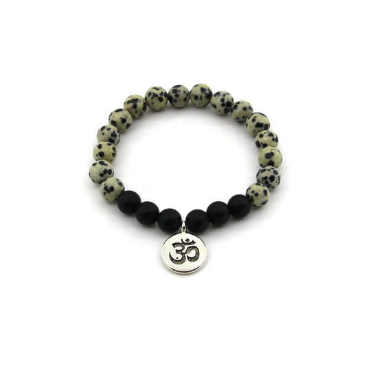 Joy Manifestation - Dalmatian Jasper, Obsidian, OM Symbol - Gemstone Bracelet